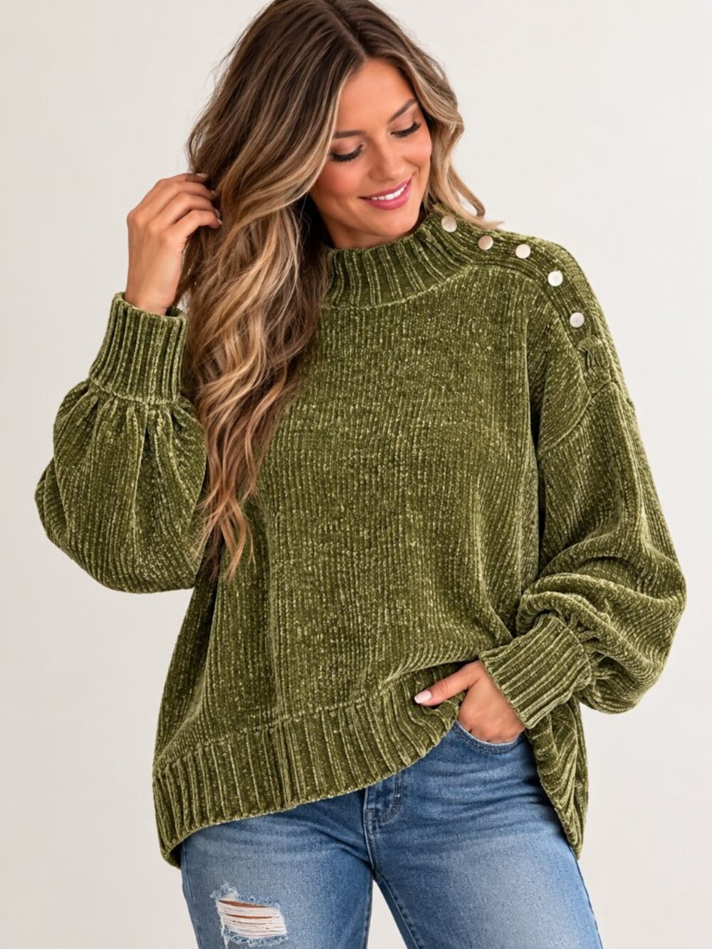 Cynthia Rowley Size L Crushed Velvet Sweater Green Mock Neck Button Ribbed Fall